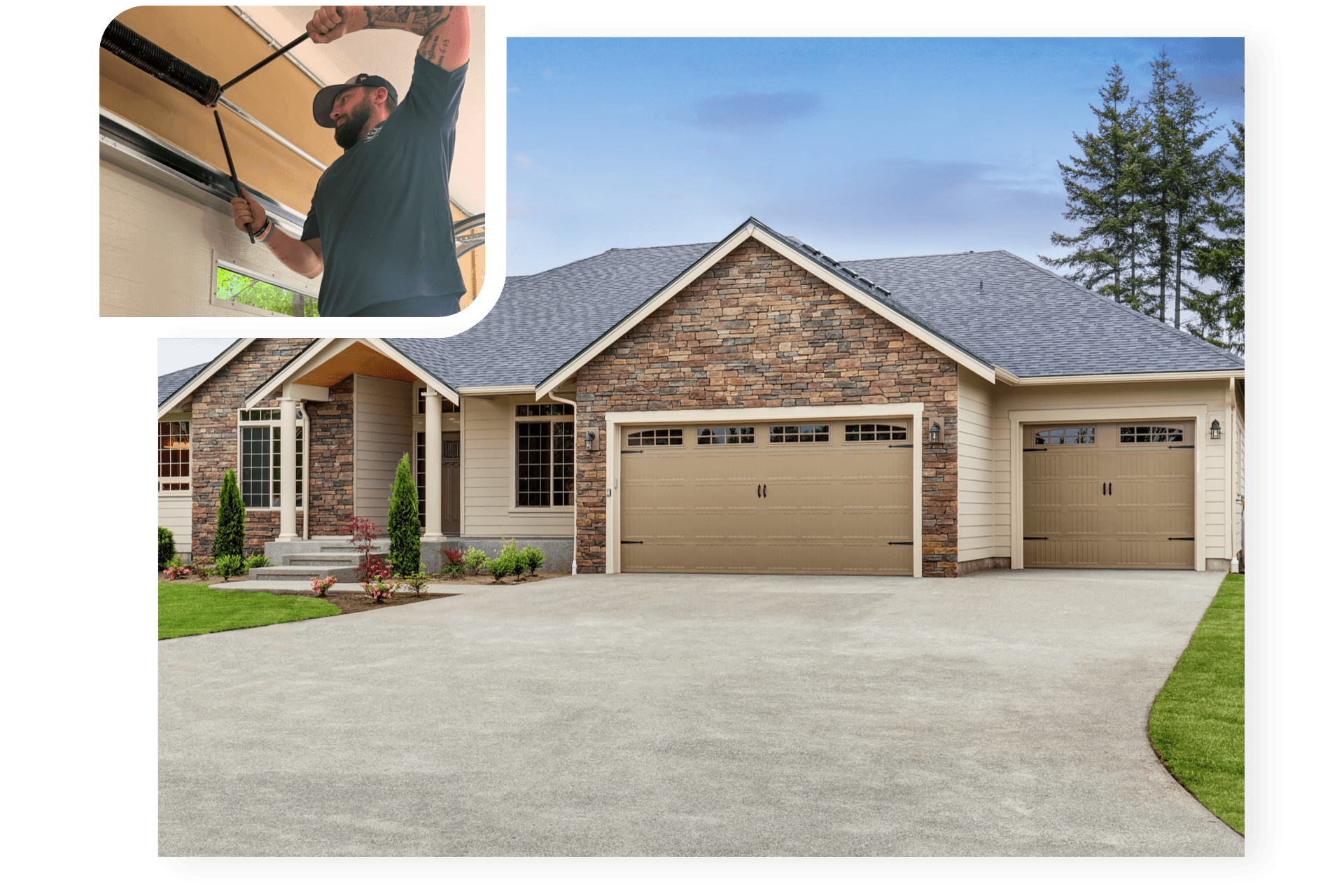 Precision Garage Door Service of Northwest Indiana Precision Garage Door Service technician repairing garage door spring with image of new garage door installation